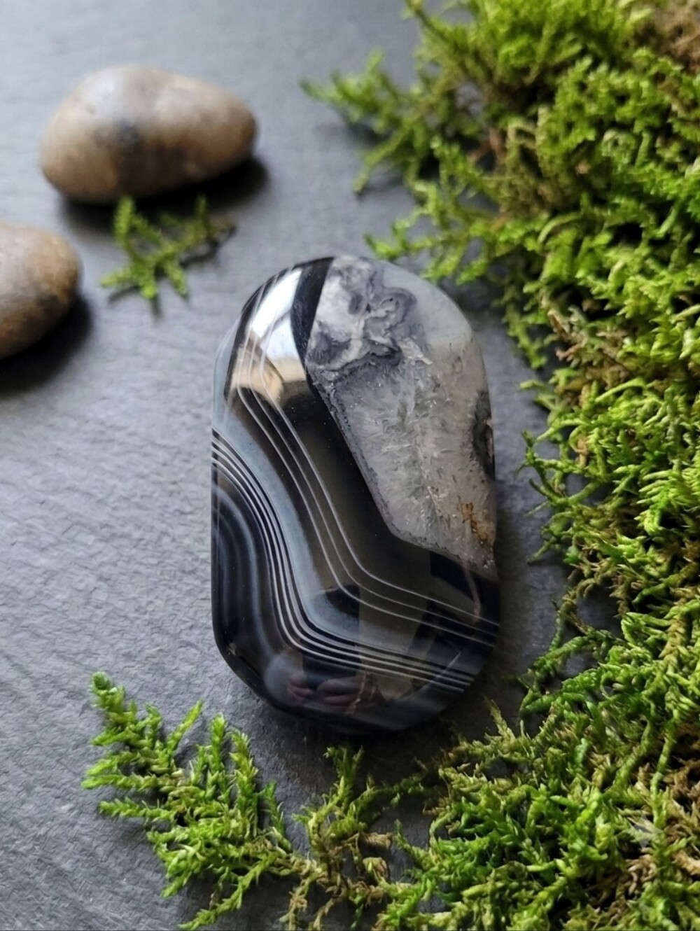 Polished Black & White Banded Agate Palm Stone